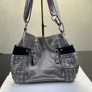 B. Makowsky Hobo Shoulder Bag Leather Studded Leopard Print Lining Pewter